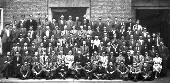 black and white photo of the Annual Cavendish Staff-Research Student group for 1947. June Broomhead is seated on the far right next to Brian Pippard.