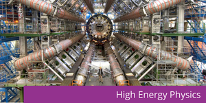Bird view of the ATLAS Experiment at CERN and banner in bottom right spelling 'High Energy Physics'
