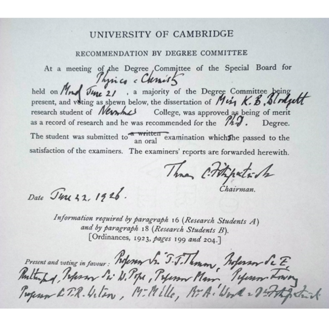 The approval of Blodgett’s PhD dissertation by the Faculty Board of Physics and Chemistry.  ©University Library Archives 
