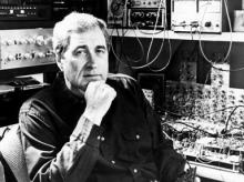 Ray Dolby is surrounded by electronic gear in his San Francisco home sound laboratory on Feb. 22, 1988. (Al Seib/The Los Angeles Times)