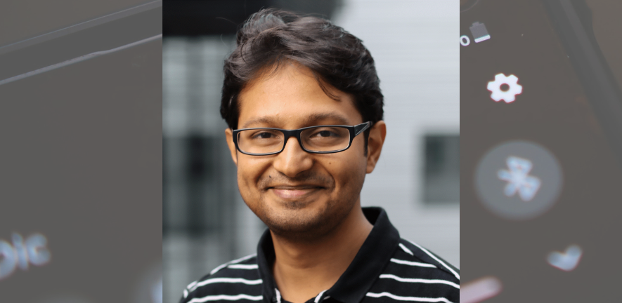 Portrait of Akshay Rao overlayed on a photo of a mobile phone screen showing low battery