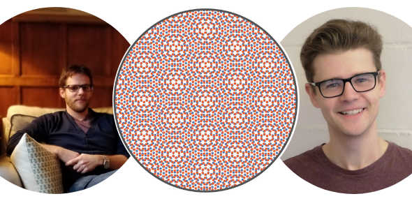 Left: Benjamin Remez, Centre: Moire superlattice, at a twist angle of 9 degrees, Right: Danny Bennett