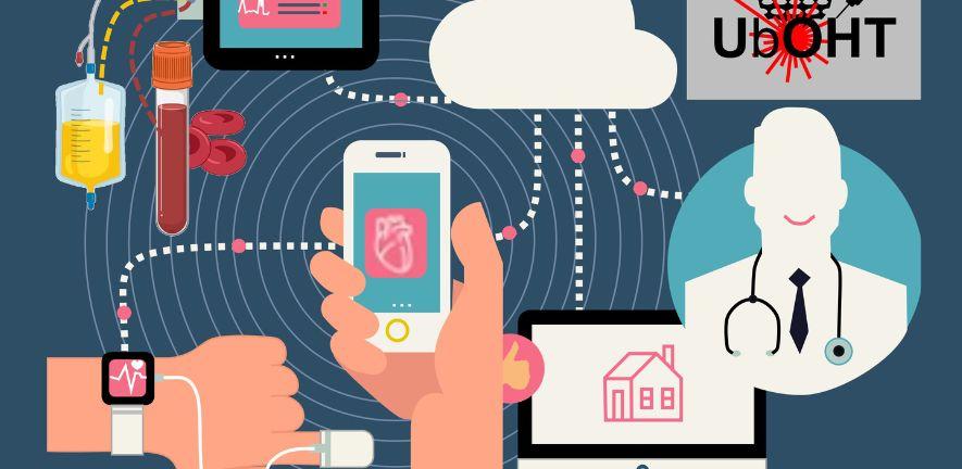 Graphic illustration of a hand holding a phone and connected to a health monitor and a computer