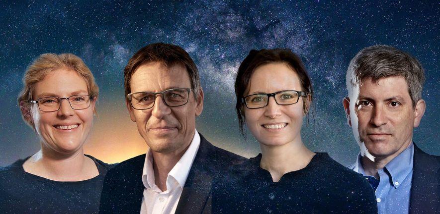 From left to right - Emily Mitchell, Didier Queloz, Kate Adamala, Carl Zimmer. Landscape with Milky way galaxy. Sunrise and Earth view from space with Milky way galaxy. (Elements of this image provided by NASA).