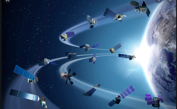 graphic illustration of satellites orbiting around Earth  