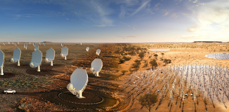 Composite image of the SKA telescopes, blending real hardware already on site with artist impressions. 