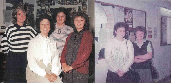Two photos side to side. On the left, a group of four women smiling to the camera. On the right, two young women standing and smiling in front of a notice board. Both shots are slightly faded.
