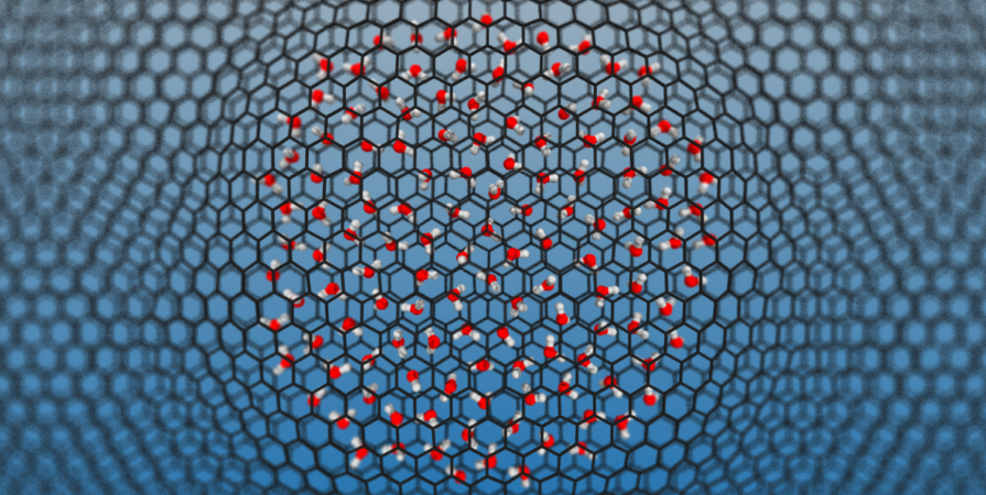 A top-down view of a nanoscale water droplet resting on a curved graphene sheet, with the carbon lattice forming a dark honeycomb pattern around the droplet. Water molecules are shown as red oxygen and white hydrogen atoms, rendered from a molecular dynamics simulation in VMD/Tachyon with a softly blurred background and subtle artistic enhancements.