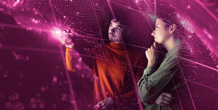 Two people interacting with augmented reality technology in a futuristic setting - stock photo