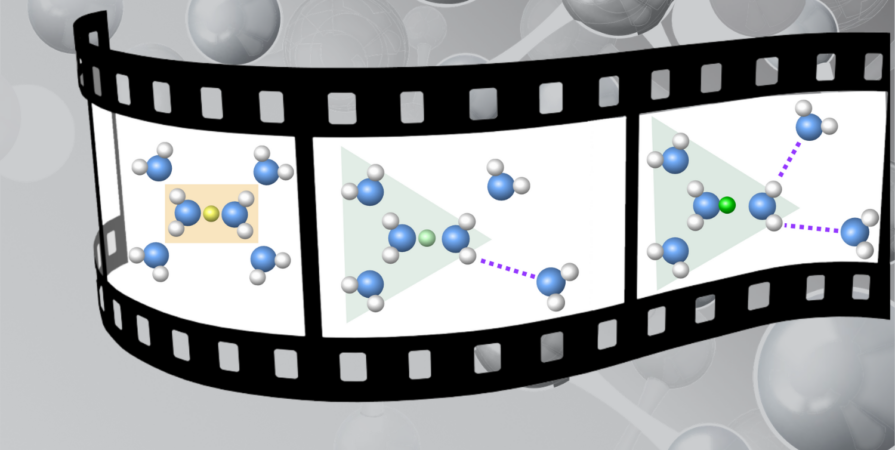 Artist's illustration of a hydrated proton (yellow/green) with six water molecules (blue/grey).